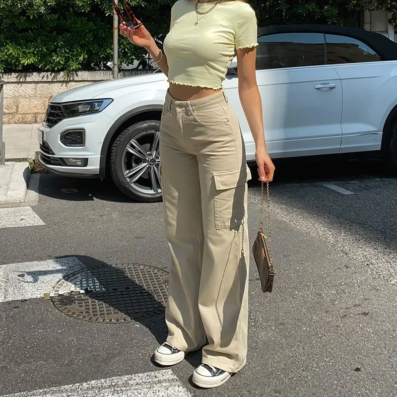 Women Jeans Ankle Length Cargo Pants Denim High Waist Washing Loose Fit Solid Streetwear Spring 2024 Straight Pockets