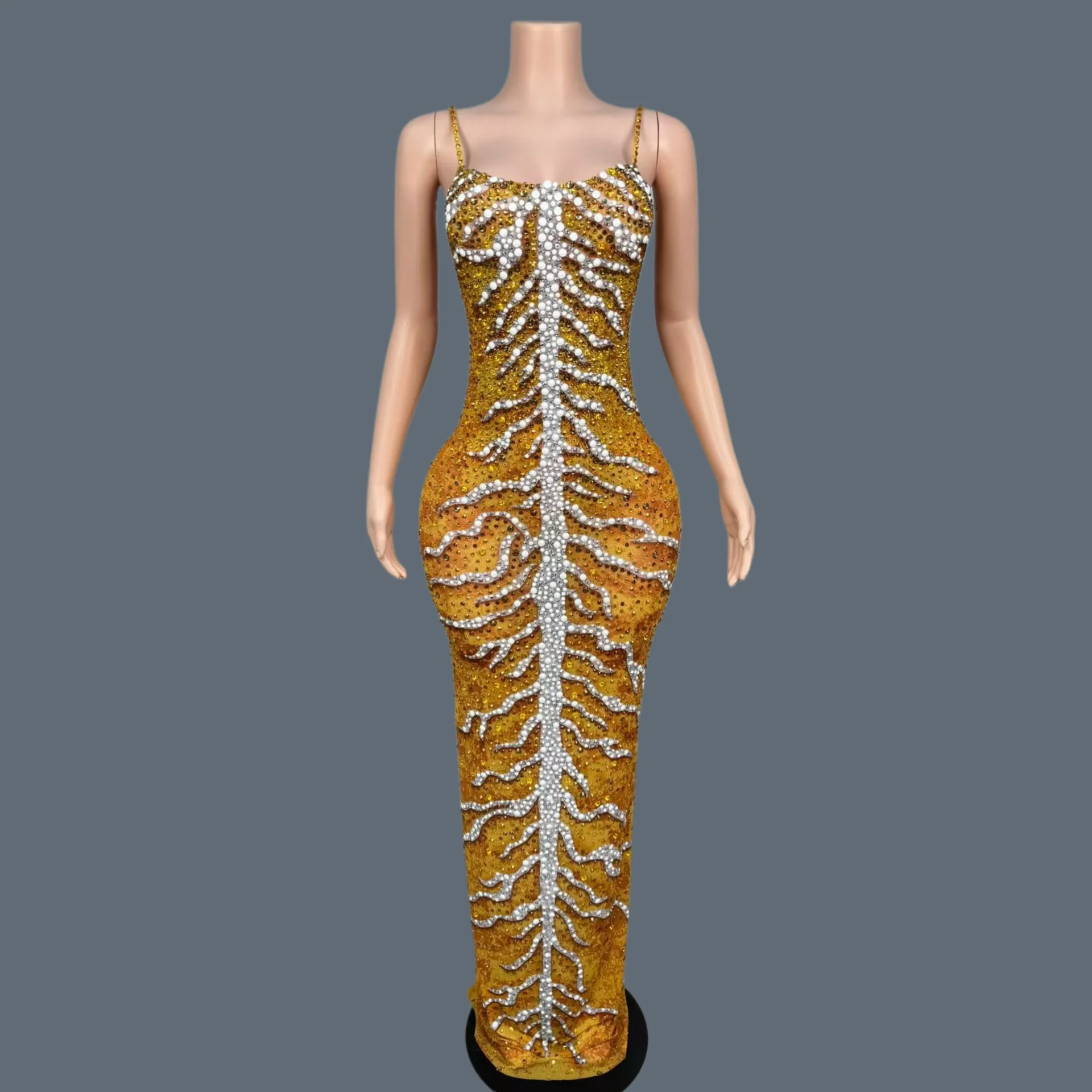 

Luxury Rhinestone Sparkly Spandex Elegant Long Dresses Women Birthday Celebrate Prom Party Sexy Evening Gown Club Outfit Gebi