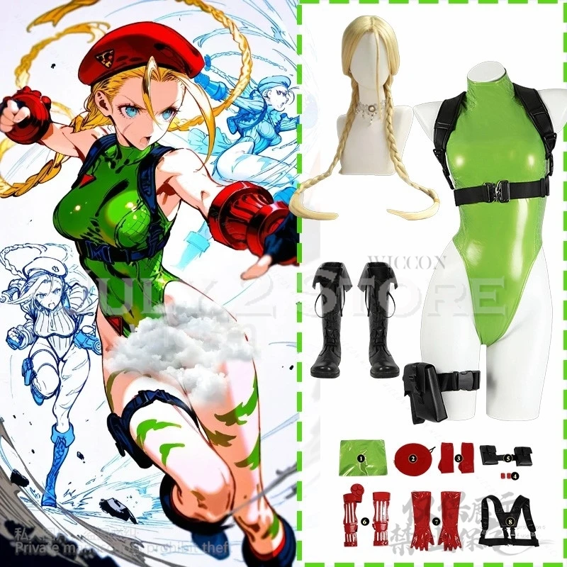

Аниме Fighting Game SF Косплей Cammy Белый Костюм Сексуальный Зеленый Комбинезон Кожаный Костюм Бикини Шляпа Парики Обувь Jira Аниме Косплей