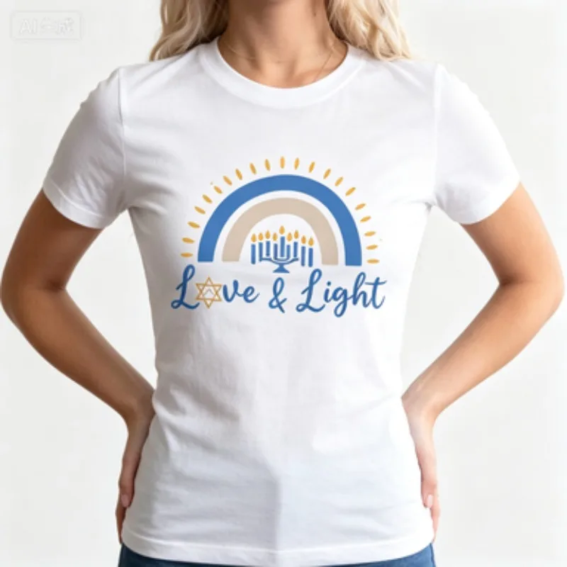 Ladies Slim Fit Tee Boho Rainbow Hanukkah Candelabra Graphic Love & Light Slogan Jewish Festival Daily Casual Party Fashion Top
