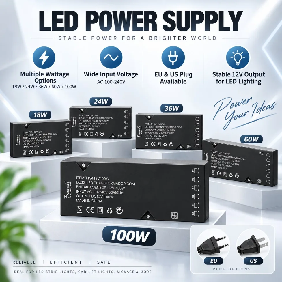 DC12V LED Power Adapter Transformer 18W-100W AC110V-250V US/EU Plug with DuPont  interface for Wardrobe Shelf Cabinet Lighting