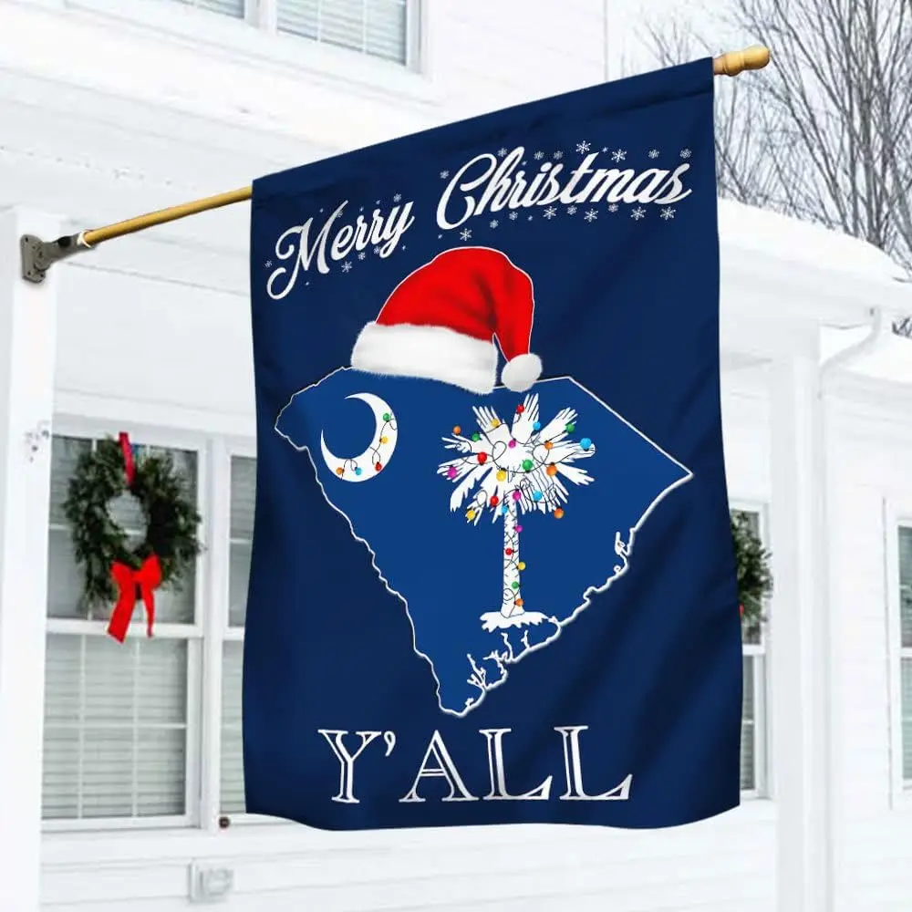 South Carolina Christmas Flag Merry Christmas Yall Garden Flag Double Sided Tree Palmetto Tree with Christmas Hat Xmas Decoratio