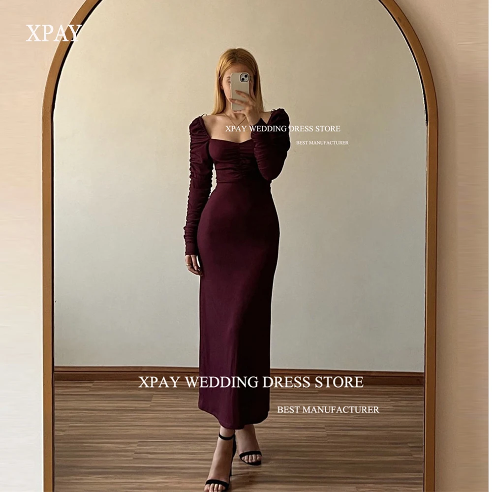 

XPAY Simple Dark Red Evening Dresses Long Sleeves Square Neck Arabic Women Party Formal Gowns Ankle Length Vestido de noche