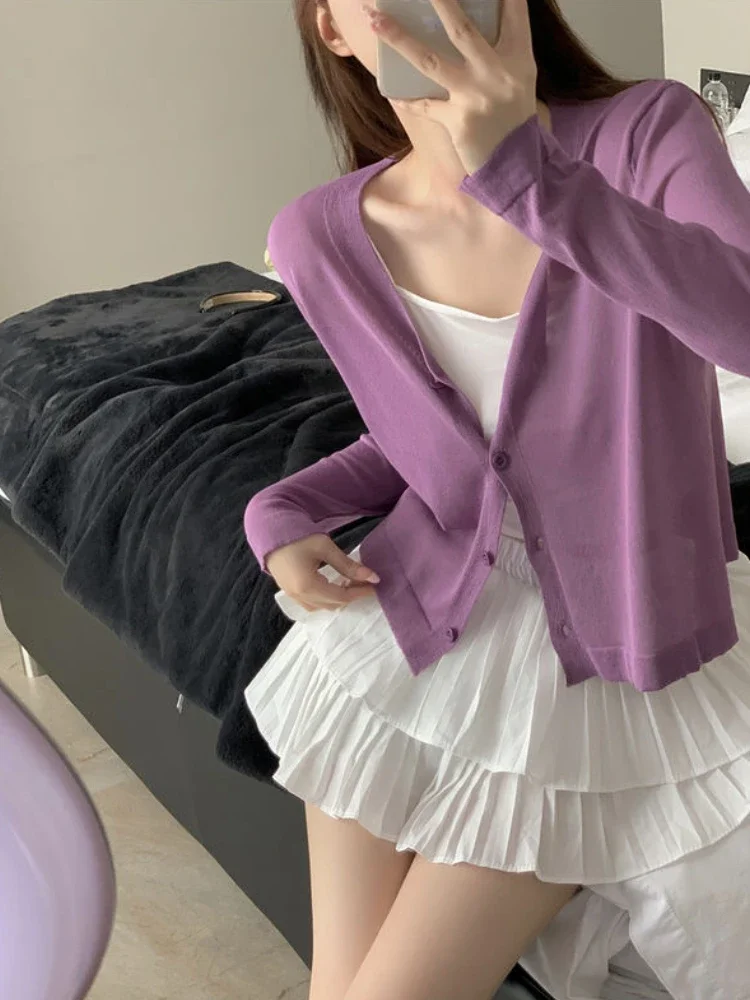 Cardigan Women Sheer Solid 4 Colors Designed Ins Simple All-match Sunscreen Daily Creativity Basics Korean Style Leisure Sweet