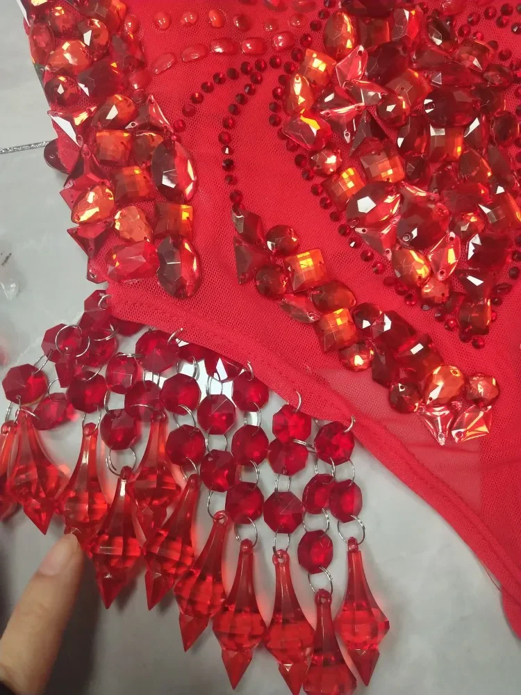 Vintage rode strass franje bodysuit kralen hoofddeksel handschoenen stadium slijtage nachtclub bar sexy gogo danseres show paaldanskostuum