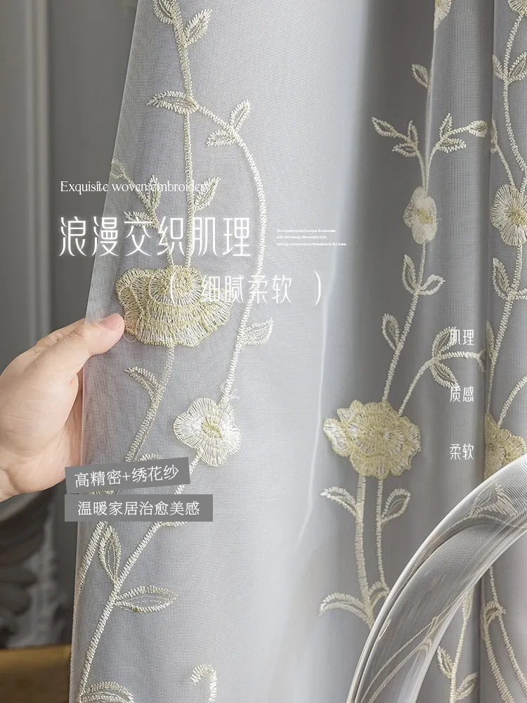 Luxury Embroidered Double Layer Blackout Curtain for Bedroom Living Room Modern Pastoral Sheer Voile + Thermal Insulated Drape