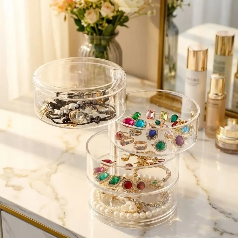360 Rotating Jewelry Organizer Storage Box Dustproof Earring Necklace Holder Display Stand 4 Layer Plastic Desktop Case Clear