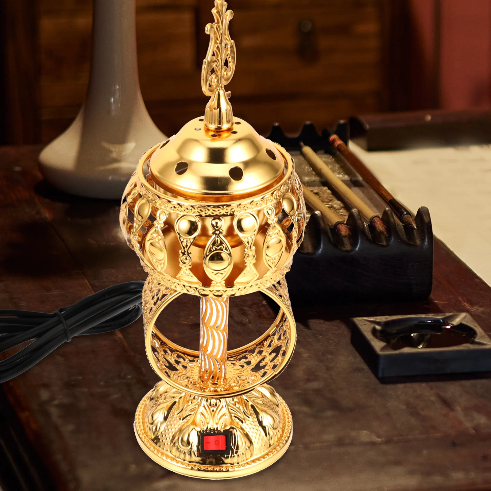 

Electric Incense Burner Metal Vintage Aroma Holder For Home Office Table Centerpiece Plug In Censer Retro Desktop Ornament