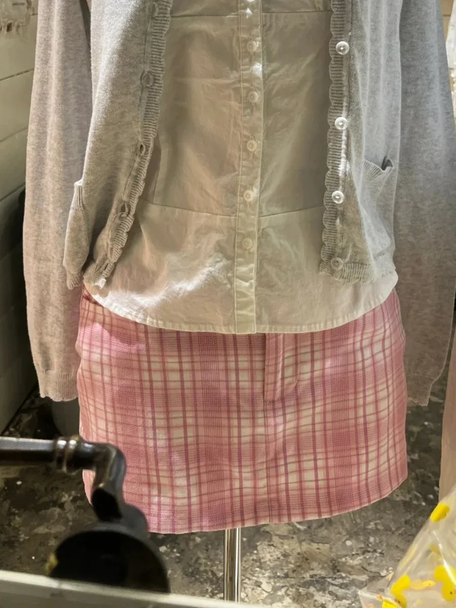 Pink Plaid Straight Mini Skirt Woman Spring Low Waist Cotton Short Falda Female Streetwear Preppy Style Sweet Skirts Y2k
