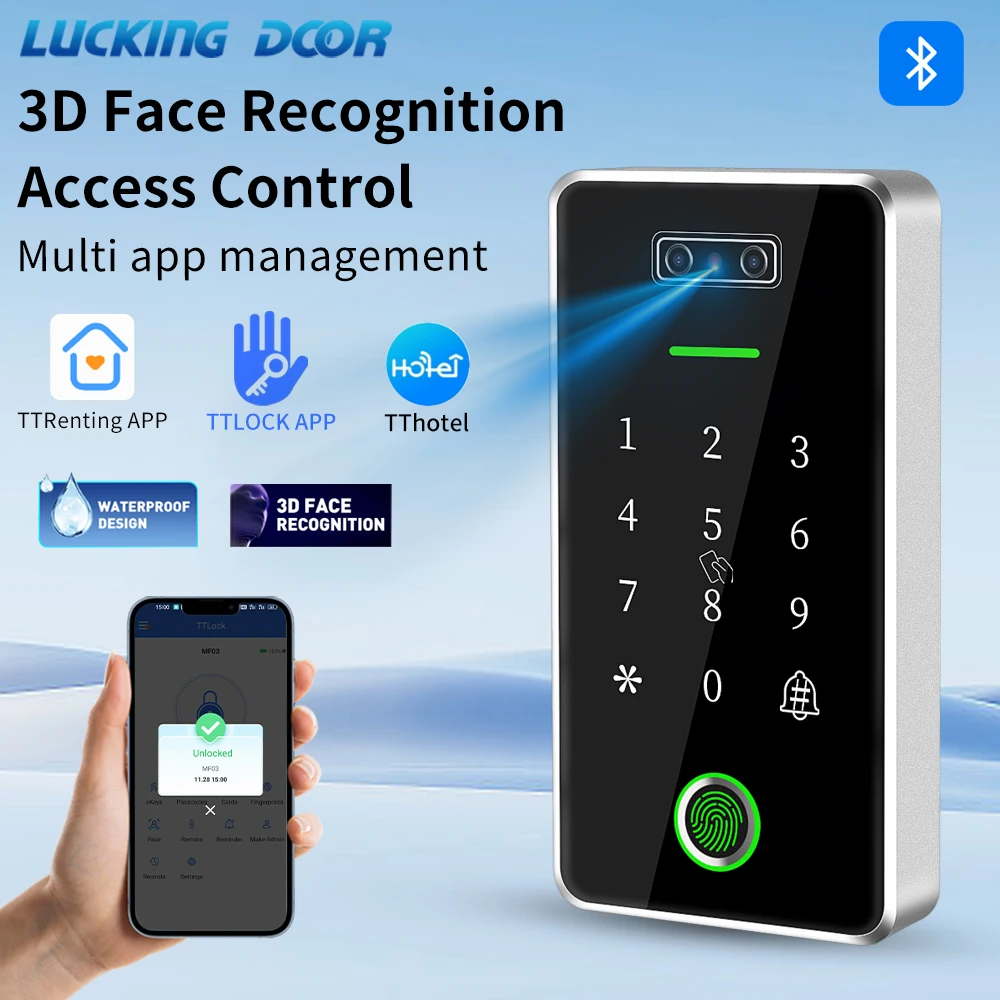 TTLock Facial Recognition Access Control RFID Card Reader Biometric Fingerprint Lock Opener App Door Entry System IP67 Rainproof