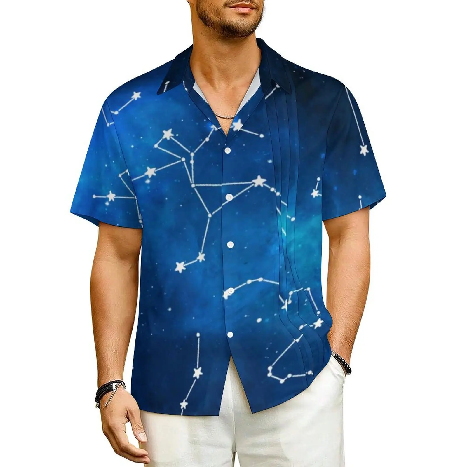 

Hawaii Shirt Beach Sky Map Constellation Blouses Galaxy Art Print Novelty Casual Shirts Man Short Sleeve Street Plus Size Tops