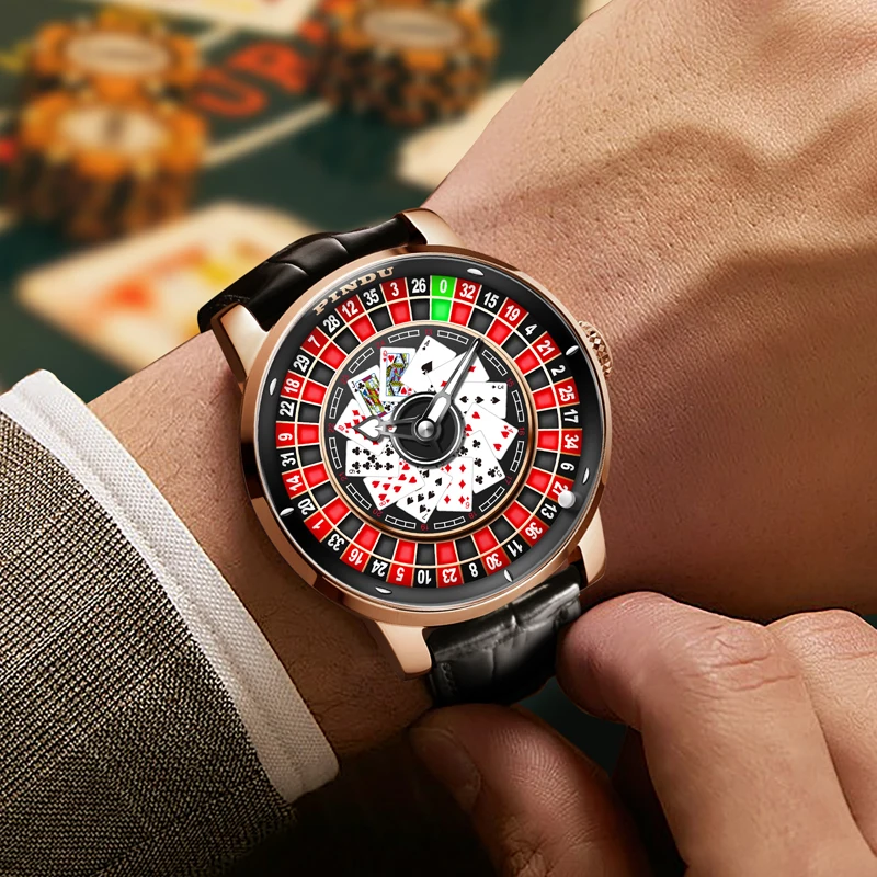 Unique Design PINDU NH35 Men Mechanical Watch Rotating Roulette Poker Theme Spades Luminous Personalized Pointer Automatic Watch