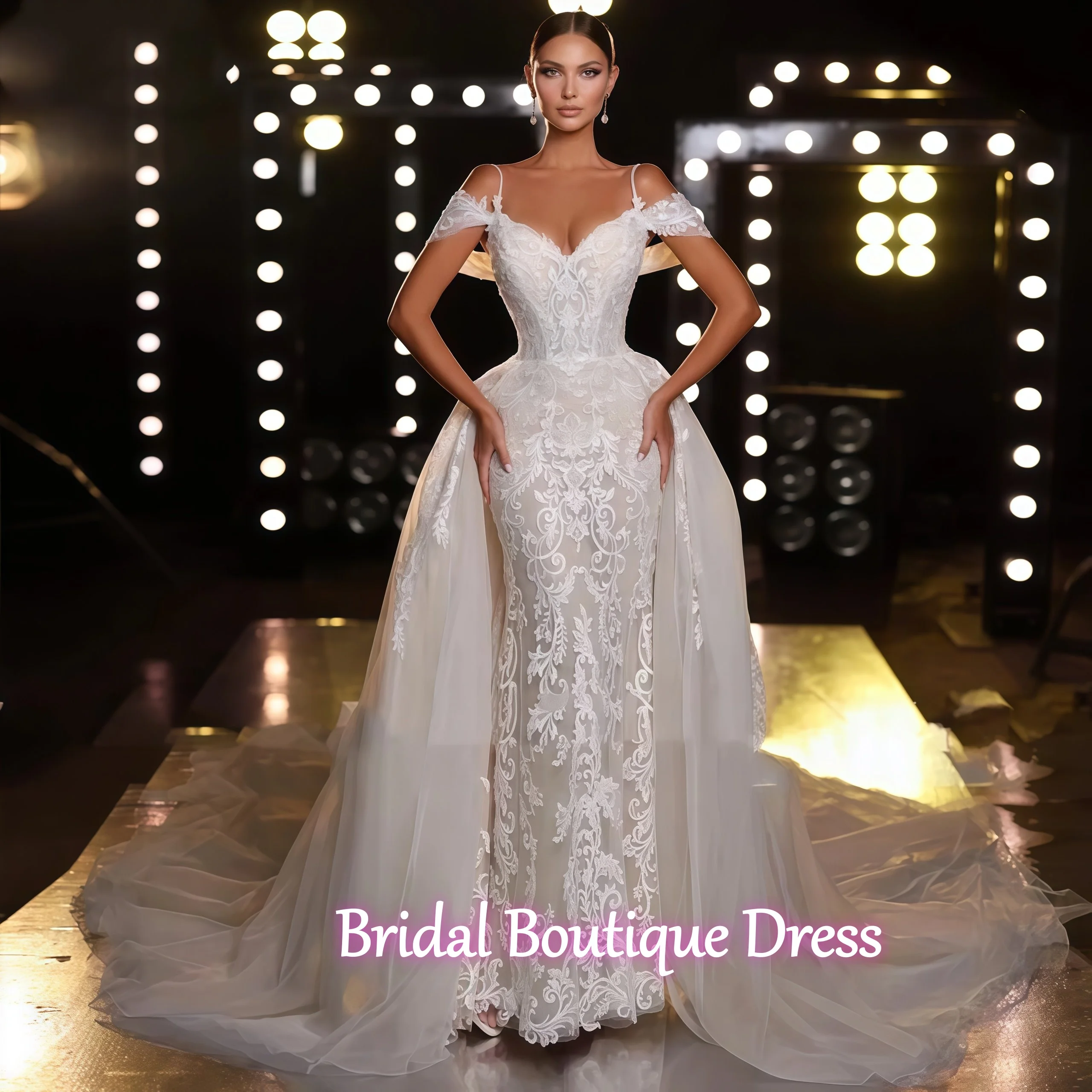 

Изысканные свадебные платья с кружевными аппликациями на заказ, с открытыми плечами, со съемным шлейфом, фасон «русалка», для невесты