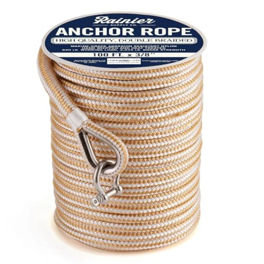 

RainierSupplyCo Boat Anchor Rope - Double Braided Marine Rope Anchor Line -/// Nylon Boating Line with 316 Stainless Steel Thim