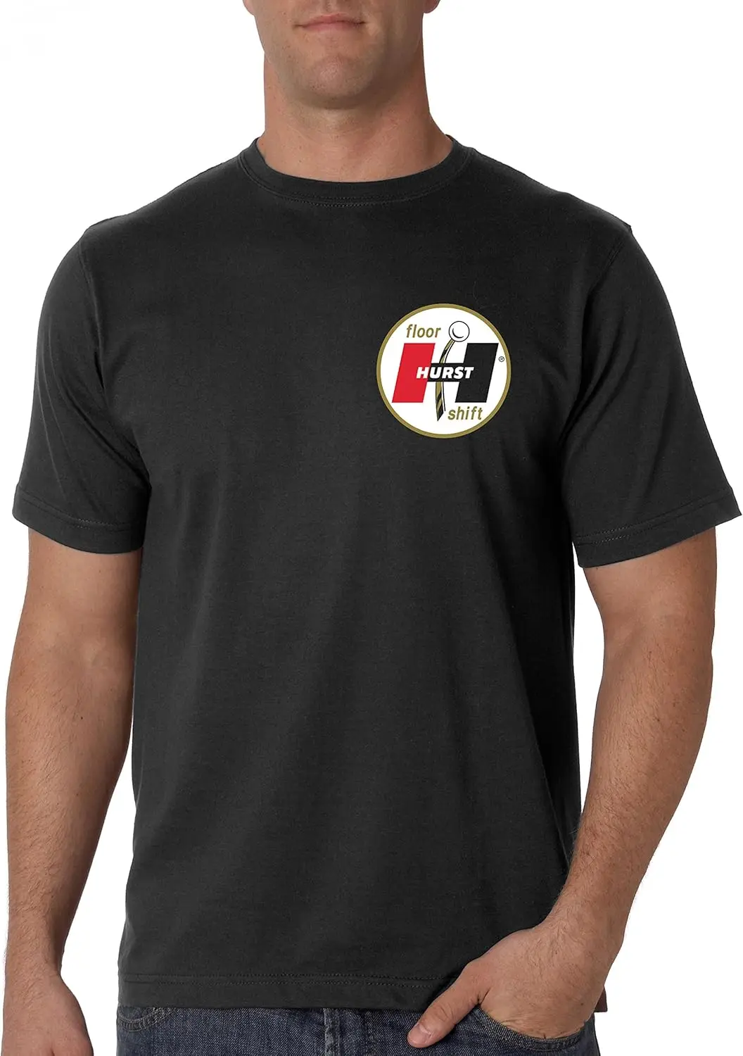 Hurst Gold Floor Shift Black T-Shirt: Hurst Shifter Wheels Decal Drag Gasser