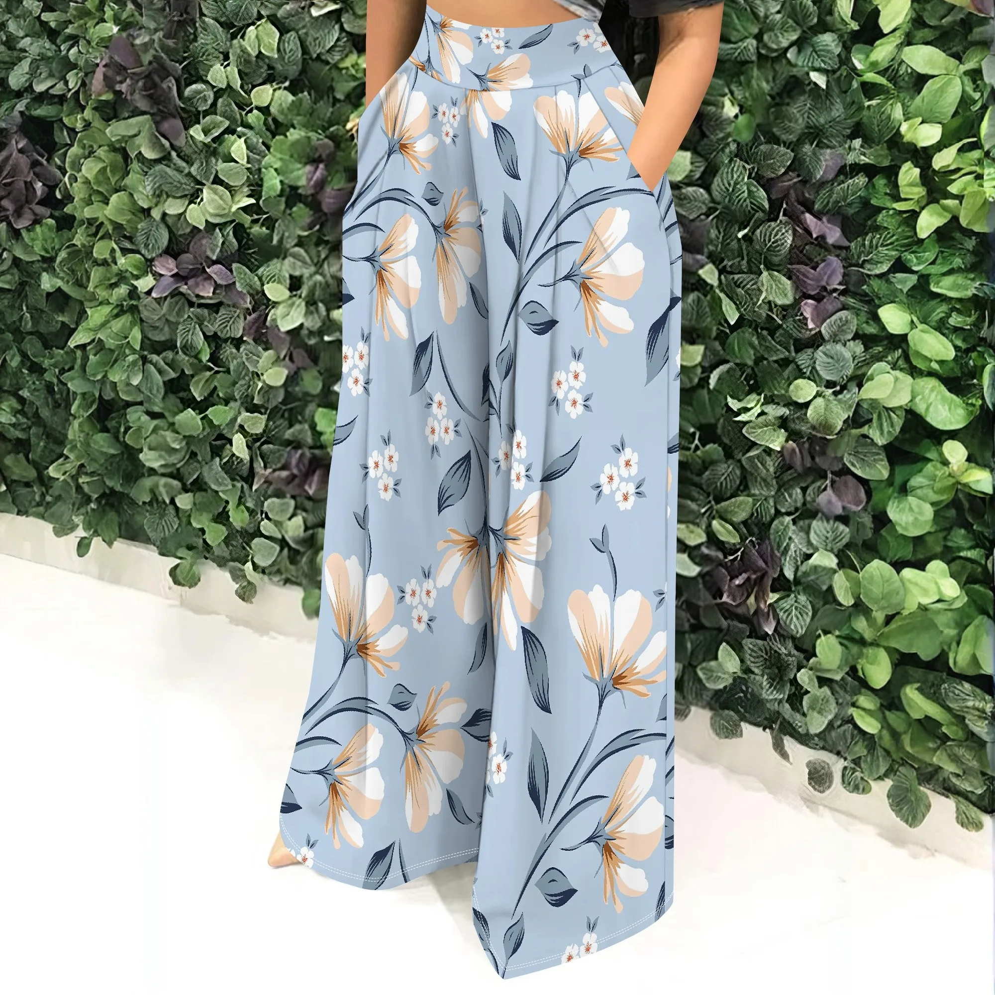 Floral High Waist Wide Leg Pants, Boho Flower Print Trousers, Summer Casual Palazzo Pants with Pockets for Women, S-2XL