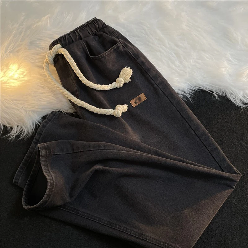 Korean Style Vintage Denim Pants Man Spring Autumn Elastic Waist Bandage Brown Straight Jeans High Street Loose Wide Leg Pants