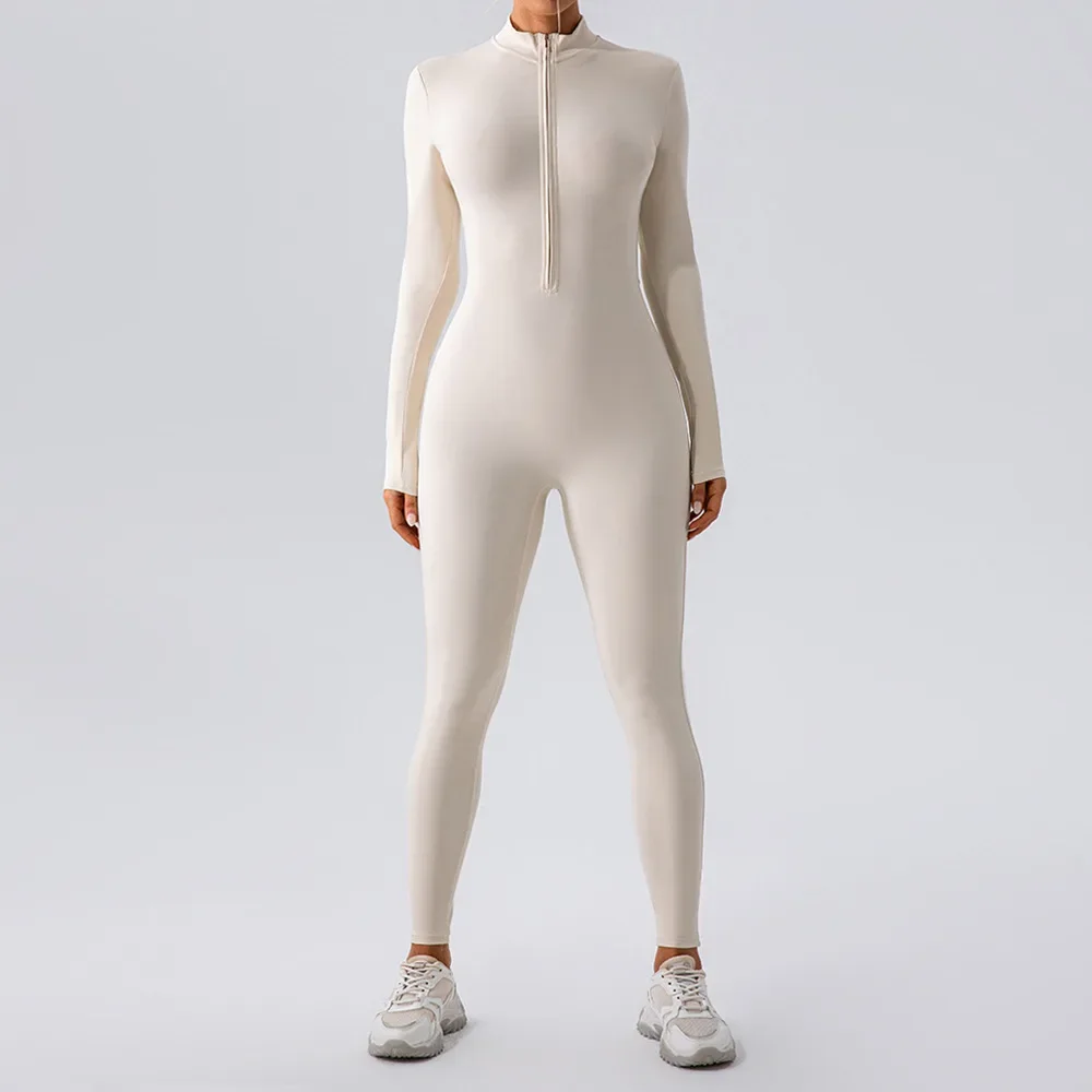 

Zipper Nude Long Sleeve Yoga Bodysuit Women's Sports One-Piece Suit Gym Push Up Workout Clothes Fitness Bodysuit Sportswear