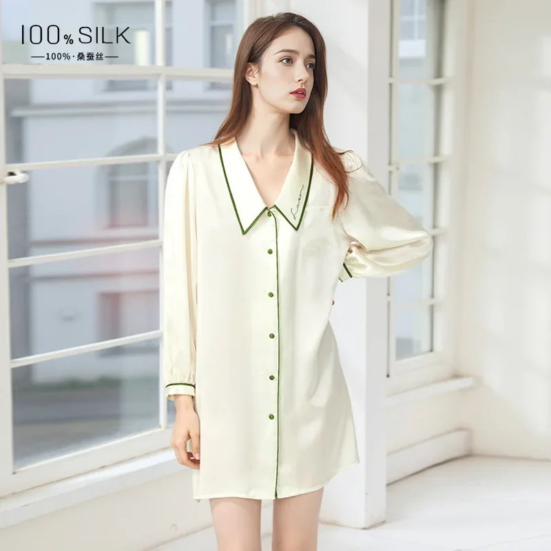 

Summer Sexy Woman Chemise Nightgown 100% Mulberry Silk Short Cardigan Nightgowns Long Sleeve Nightdress Button Down Pajama Dress