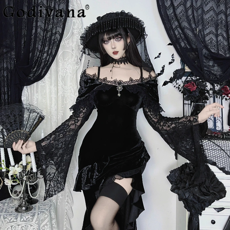 

Костюм на Хэллоуин, платье для косплея для женщин, готический темный стиль, бархатное платье русалки с разрезом, женское весенне-осеннее кружевное длинное платье