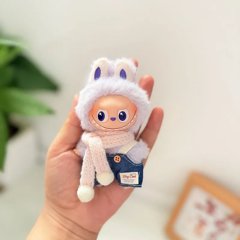 

10cm Mini Labubu 4.0 Doll Clothes 4th-Gen Blue Floral-patterned Dress & Denim Suspender Pants Accessories for Mini Labubu