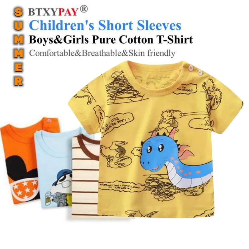 2024 Children's Summer Sport Short Sleeves Boy&Girl Pure Cotton T-Shirt for 60-130cm Height Kids Stripe&Cartoon Thin Tops