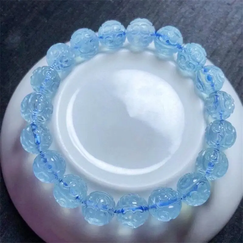 Natural Aquamarine Fretwork Bracelet Round Bead Crystal Reiki Healing Stone Fashion Female Jewelry For Women Gift 1pcs 11MM