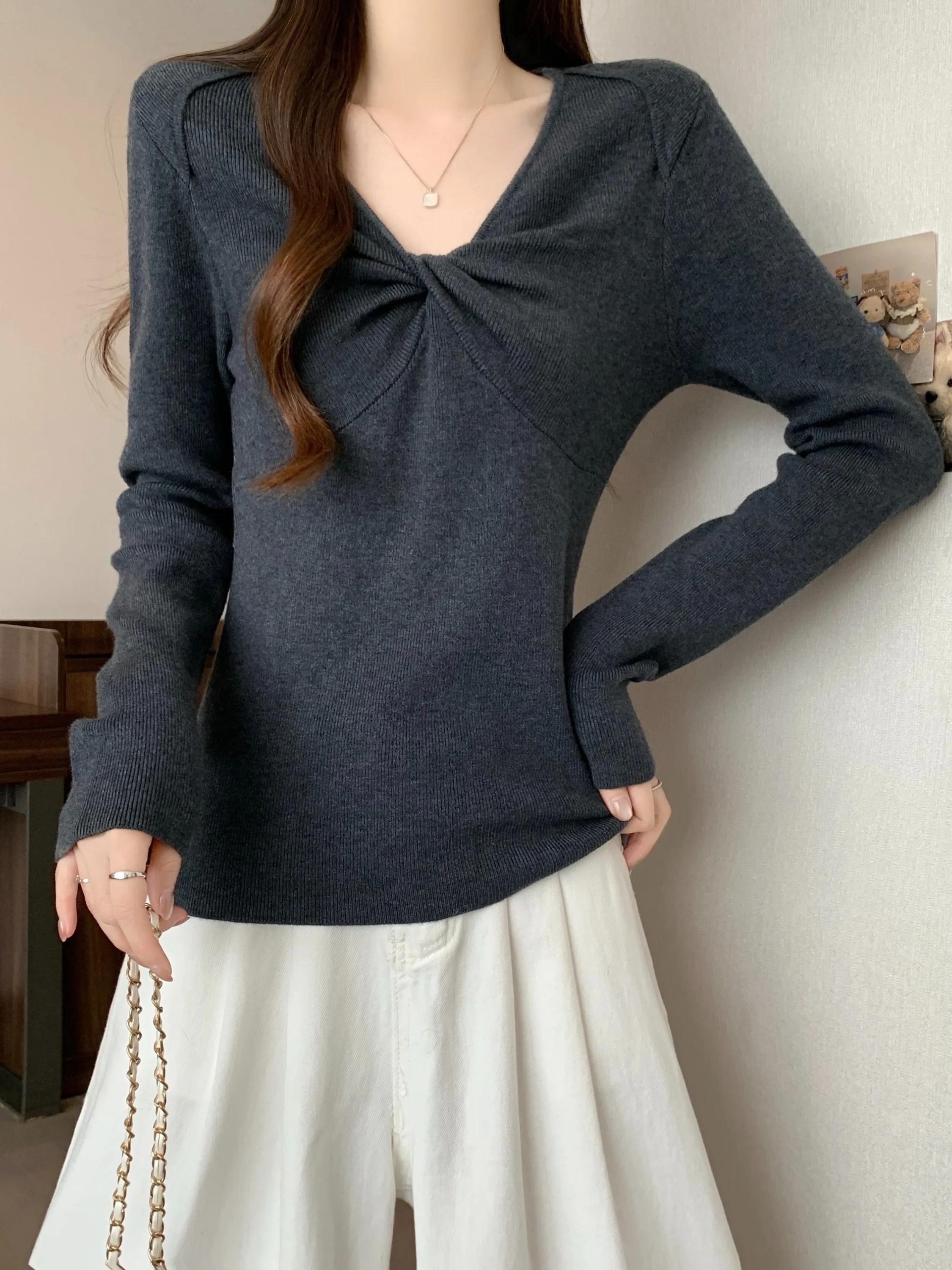 

Sli Long Sve V-Ne вязаный свитер женский Slim Fit Base irt винно-красный дизайн с узлом осень-зима сладкий Sle Ciwalk