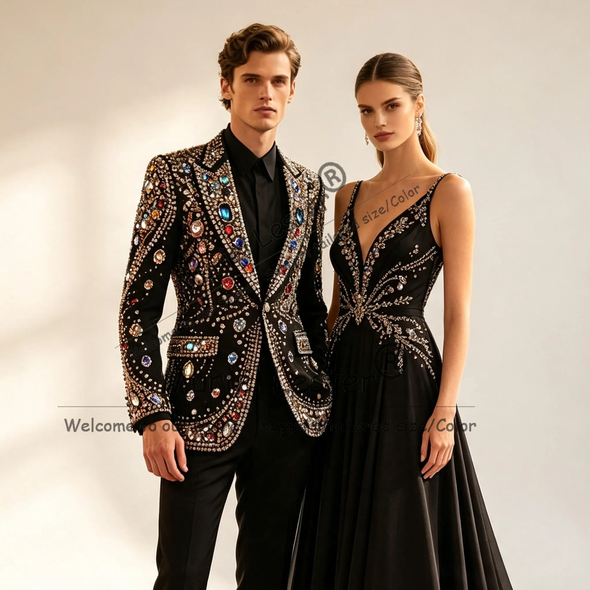 Exclusive Diamond Beaded Men's Suit For Wedding Single Breasted Jacket Pants 2 Piece Sets Groom Tuxedo Customized Male Clothing