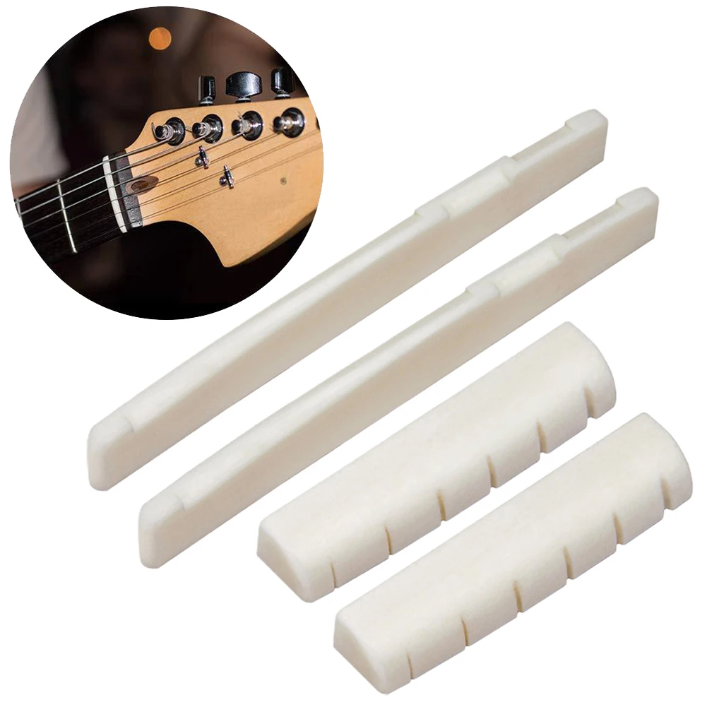 2 Juegos de 4 Piezas de Puente y Cejilla de Hueso para Guitarra Acústica de 6 Cuerdas, Puente de 72 mm y Cejilla de 43 mm, Cejilla de Hueso de Vaca, Almohadilla Superior y Inferior para Guitarra Folk