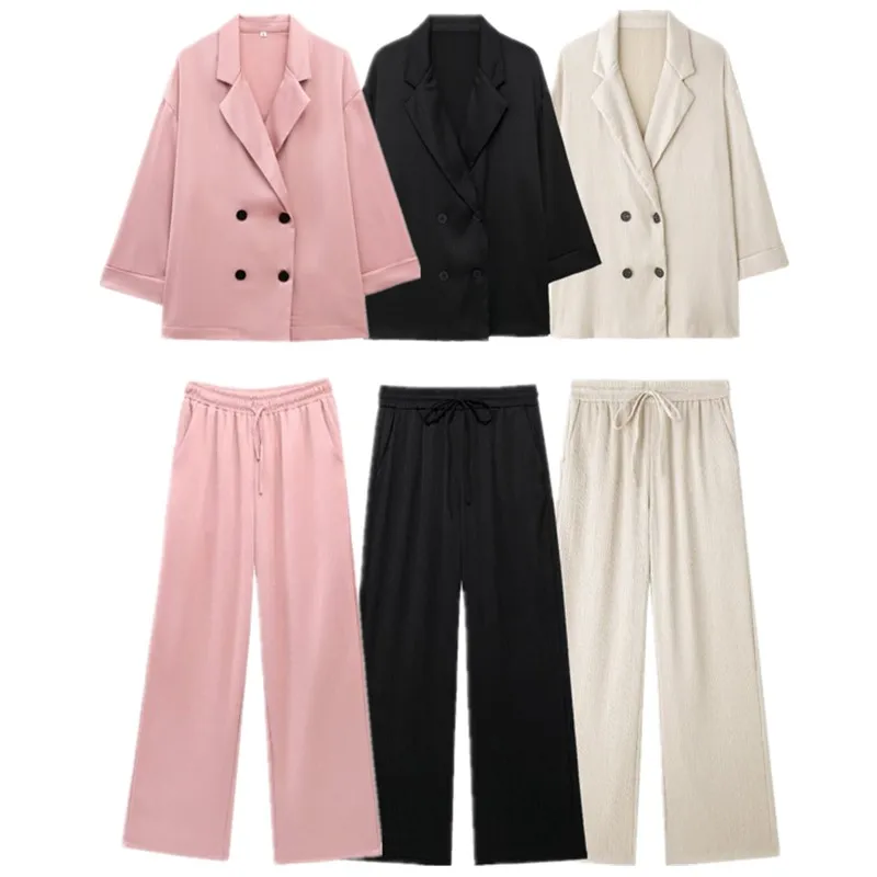 ฤดูร้อน 2024 ผู้หญิงหลวมอเนกประสงค์ริ้วรอยผลคู่ชุด Jaet Faionable ยาว Sve ปุ่ม 2 ชิ้นชุด