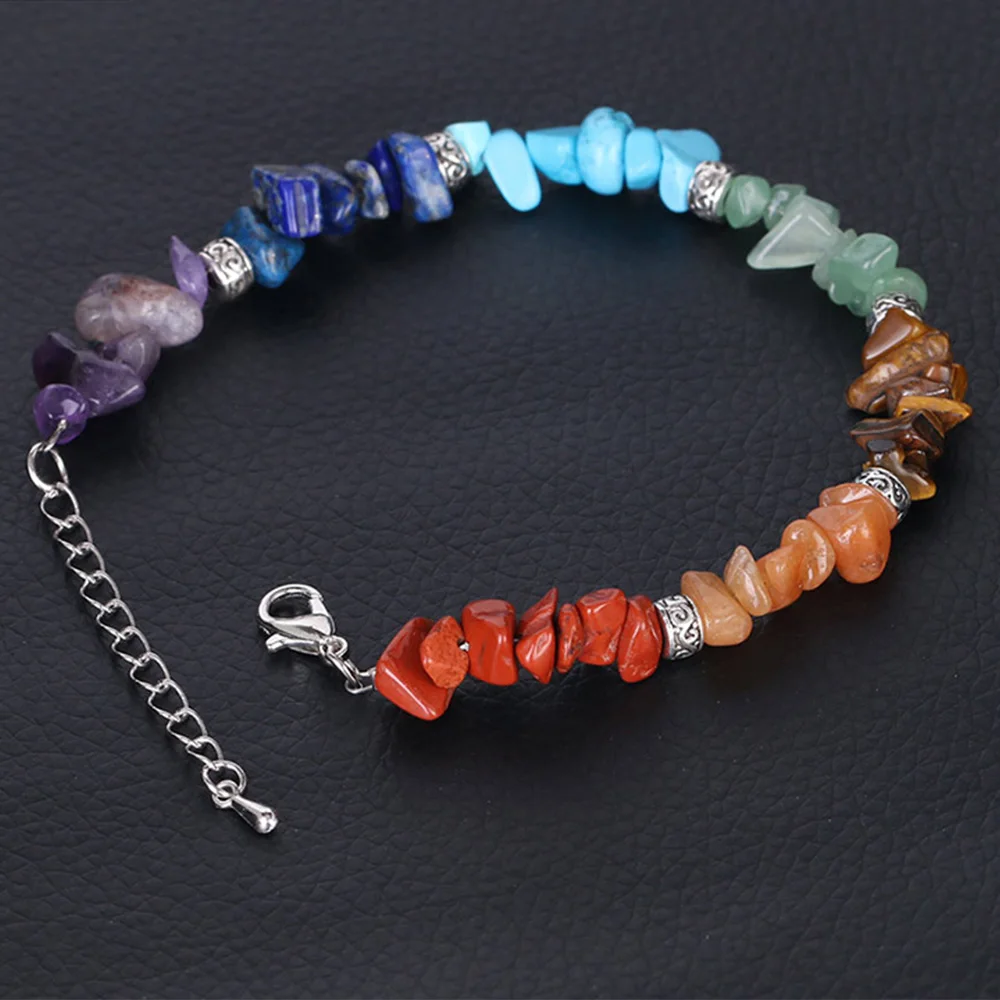 7 Chakra Natural Chip Stone Bracelet Natural Healing Crystal Link Lobster Chain Bracelets for Energy Balance Meditation Yoga