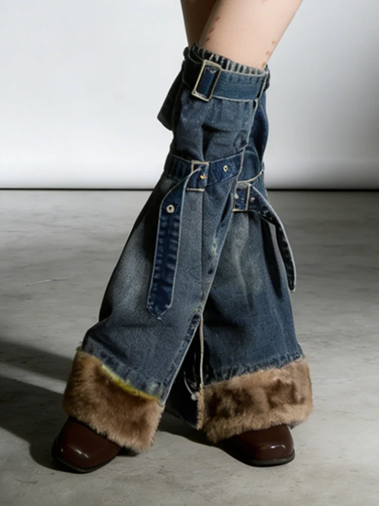 PBAP Faux Fur Belted Denim Boots Cover Patchwork Solid Zipper Split Do Old Thigh Long Leg Warmers Trendy Vintage Woman Clothes