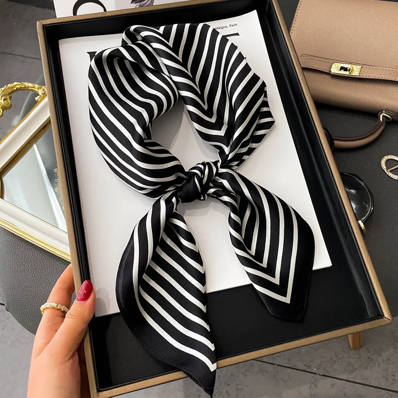 Women Fashion Geometric Stripes Imitation Silk Square Scarf Simple Neckerchief Girl Gift High Grade Satin Headband Shawl Scarves