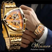 Winner 395S Reloj mecánico automático de lujo Premium para hombre, reloj informal de acero inoxidable con triángulo hueco y esfera con mecanismo al descubierto para hombre