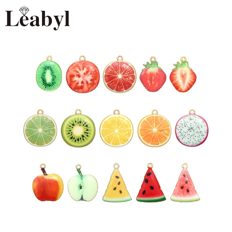 16 Style Colorful Enamel Watermelon Orange Strawberry Fruit Vegetable Charm Pendant for Bracelet Keychain Necklace Making Acces