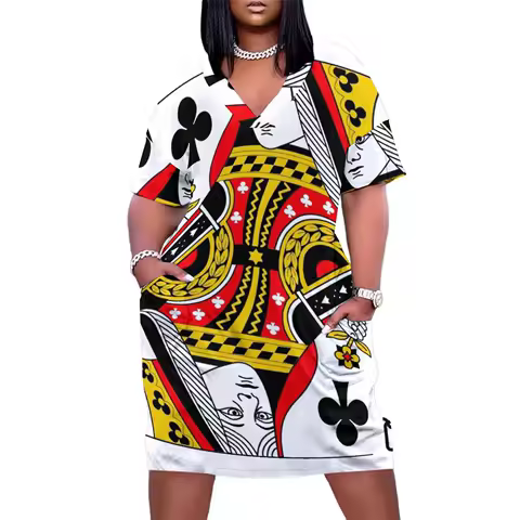 Queen of Clubs Classic Card Deck Casino Poker Q Clubs Loose Pocket Dress Clothing female women's summer jumpsuit Dresses gala