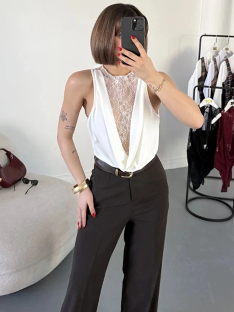 

Trendix Hollow Out Lace Bodysuit For Women 2026 Summer Sexy Sheer Mesh Bodycon Bodysuit Party Club Sexy Beach Backless Body Top