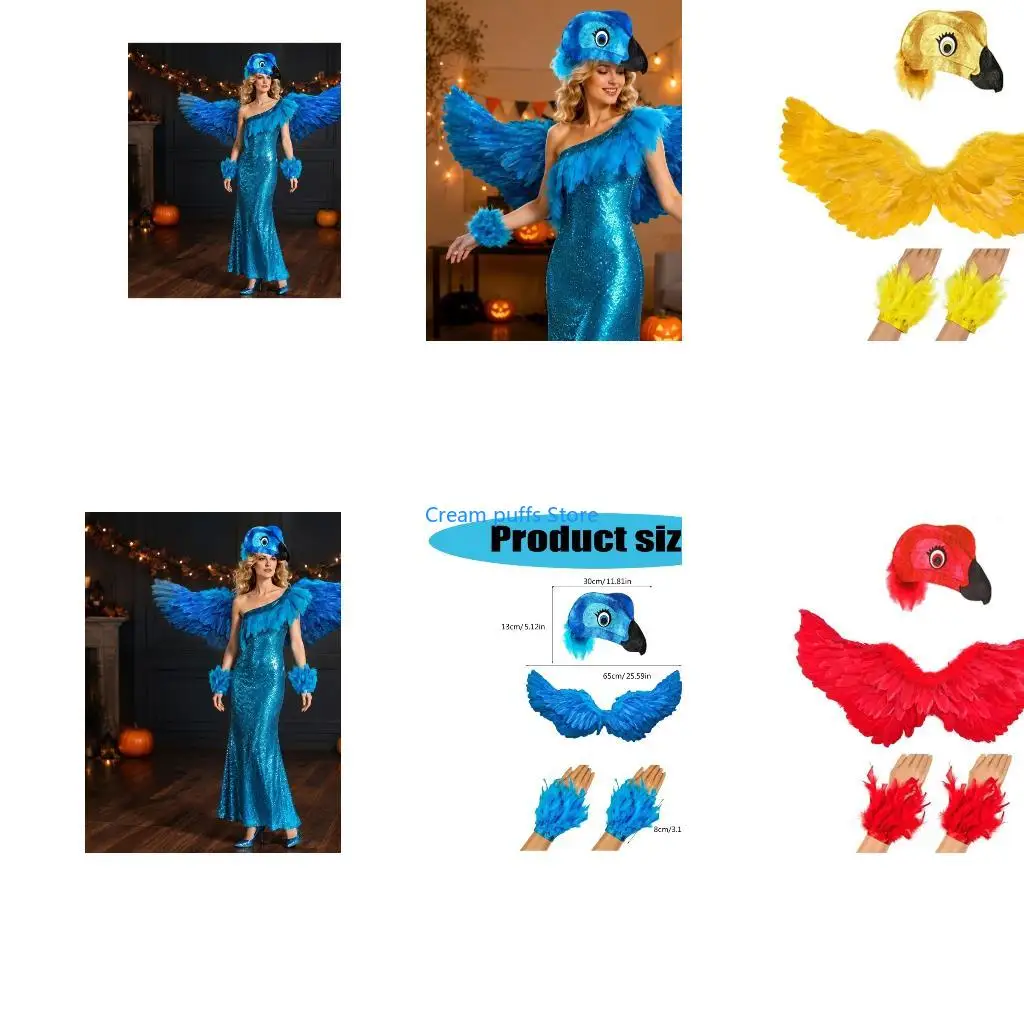 50LE Sparkling Parrots Costume Set with a Character Hat, Wing Pair, and Wrist Cuffs That Secure with Elastic and Hook-and-Loop