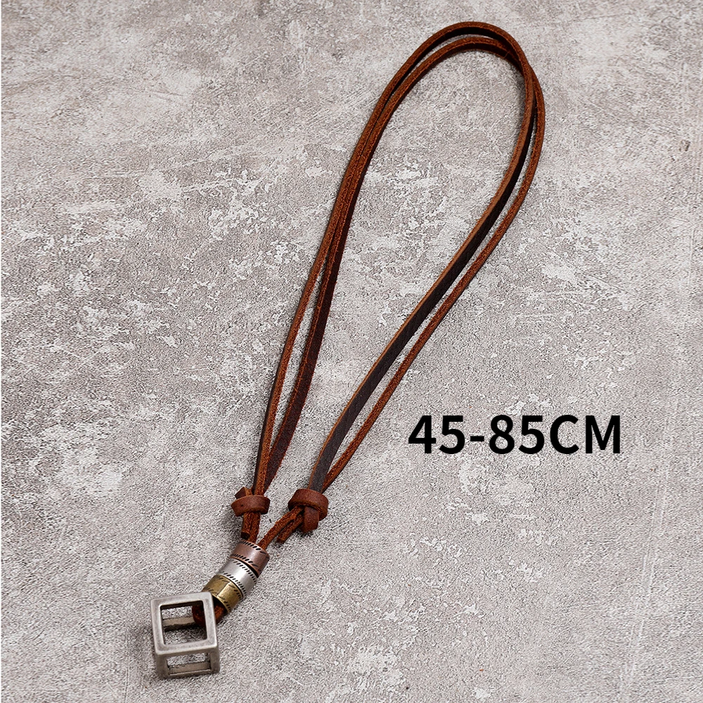 Man Genuine Leather Men Necklaces Hollow Square Pendants Punk Vintage Adjustable Brown Rope Chain Male Jewelry Mens Jewellery