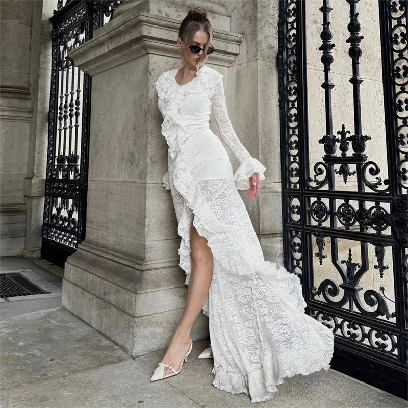 Autumn White Lace Women Prom Dress Sexy Full Flare Sleeves Long Split Sheath Party Gown Daily Casual Holiday Birthday Robe