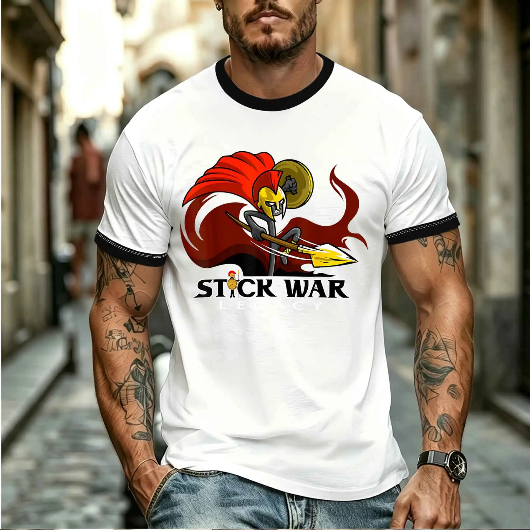 2026 new model Tee Stylish Comfortable Men's Stick War SpartanPrint T-Shirt Retro Game Style Trendy Casual Top Tee for Daily Wea