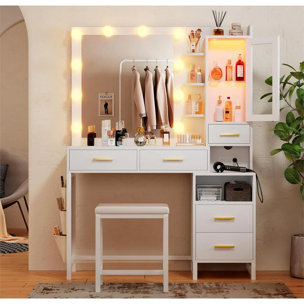 Makeup Vanity Desk with Mirror and Lights, Charging Station, LED Cabinet, 5 Drawers & Storage Bag, Lights Desk and Chair image 6