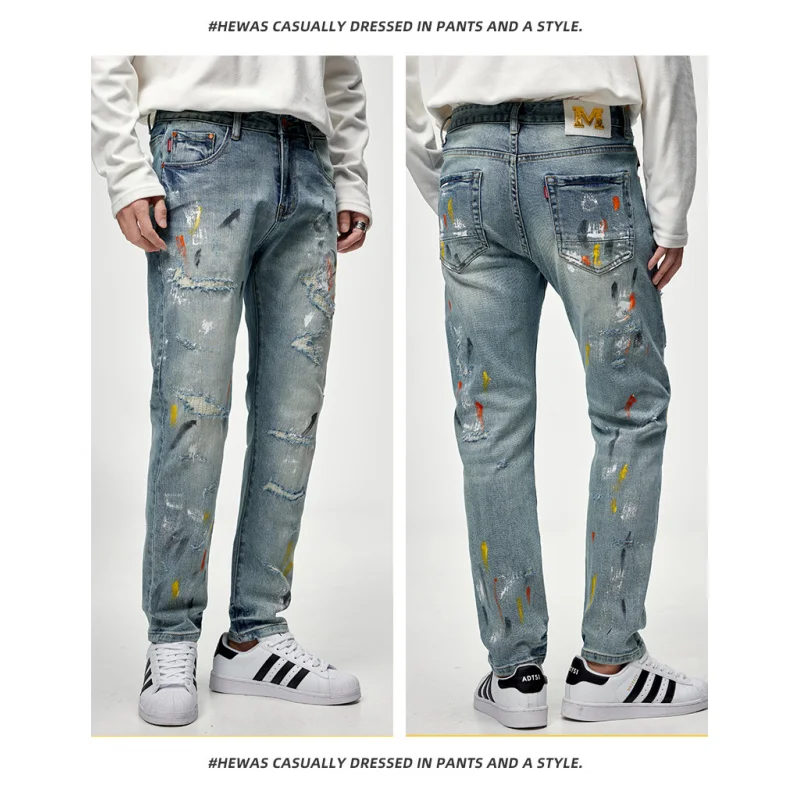 Pantalones vaqueros de graffiti callejero de alta gama para hombre, pantalones ajustados de pierna recta pequeña, bordado de parche personalizado