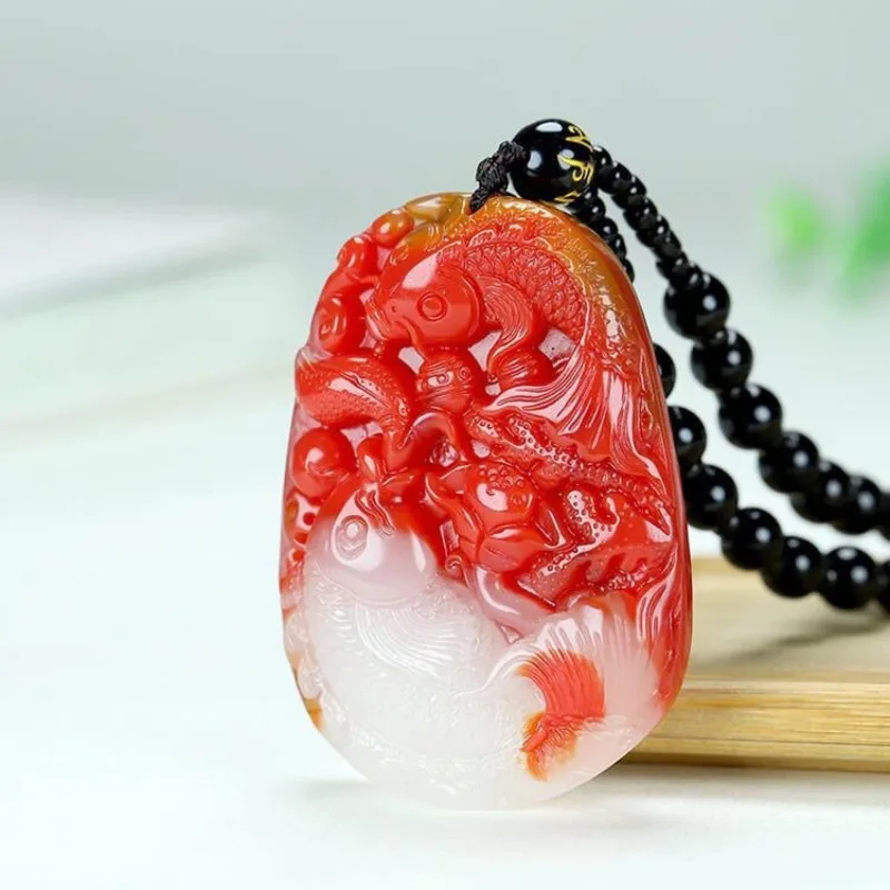 

Новый натуральный куриный кровь нефритовый кулон в виде лотоса и карпа, ожерелье, ювелирные изделия