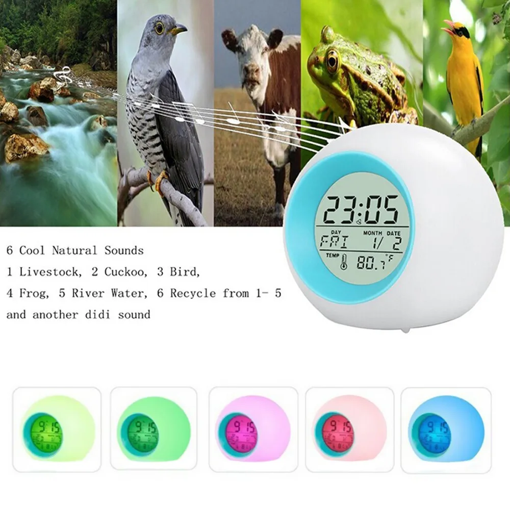 7 Colors Changing LED Alarm Clock Temperature Display Touch Control Digital Wake Up Clock Round Shape with Sleep Sounds