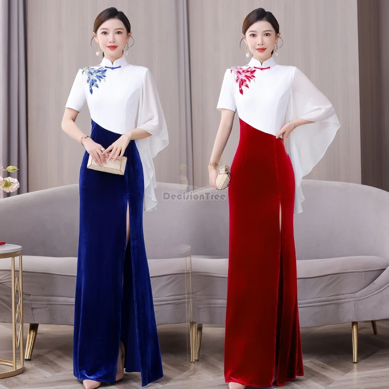 

Новинка 2025, улучшенное китайское бархатное платье Cheongsam для выступлений, воротник-стойка, половина рукава, дизайн, элегантное платье Ципао t001
