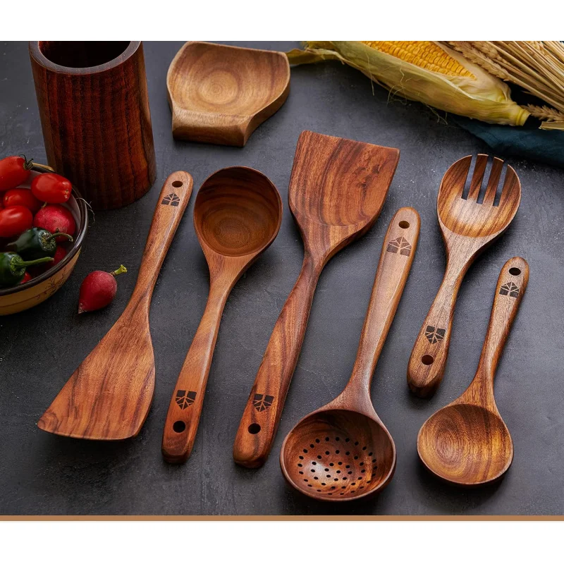 

Complete 8-Piece Teakwood Kitchen Utensil Set with Wall Holder – All You Need for Gentle Cooking