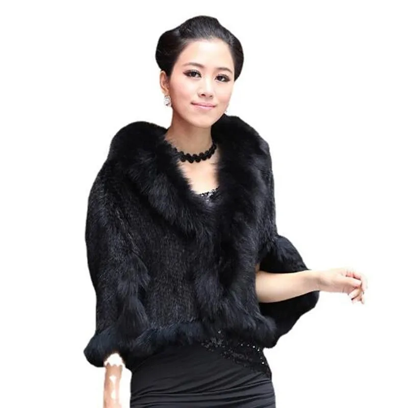 

Autumn Winter Ladies' Genuine Knitted Mink Fur Shawls Fox Fur Collar Women Fur Pashmina Wraps Bridal Cape Coat Jacket