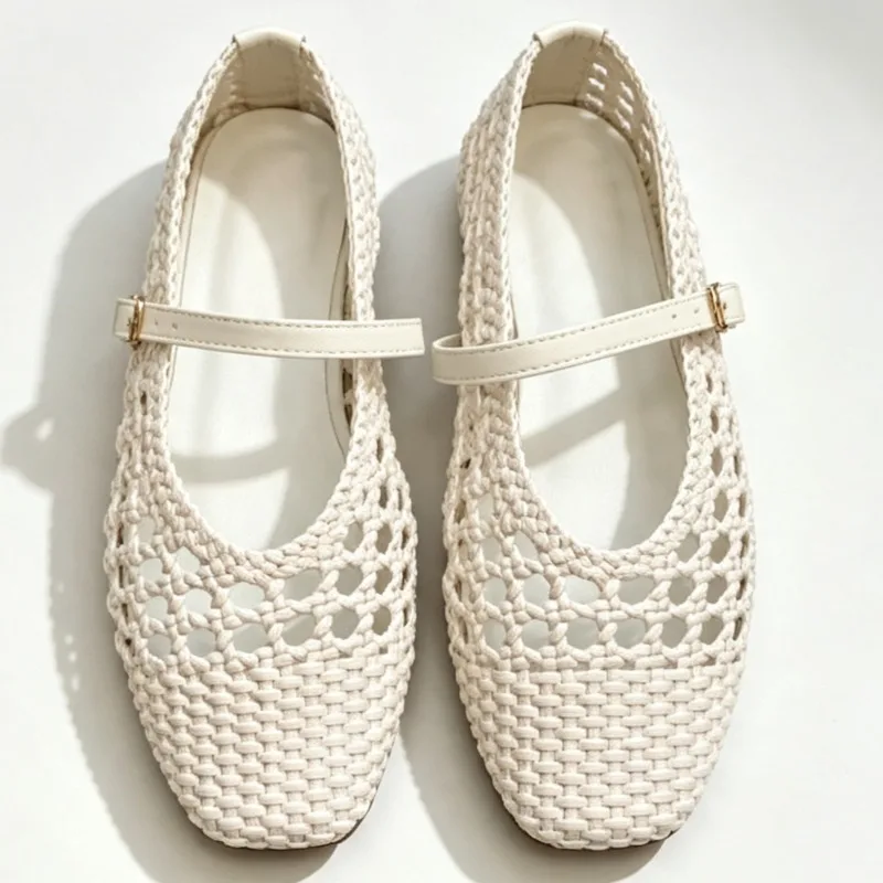 High-quality Woven Hollow Mesh Mary Jane Shoes Women Fashion Square-toe Adjustable Metal Buckle Flat Shoes Summer Mesh Shoes